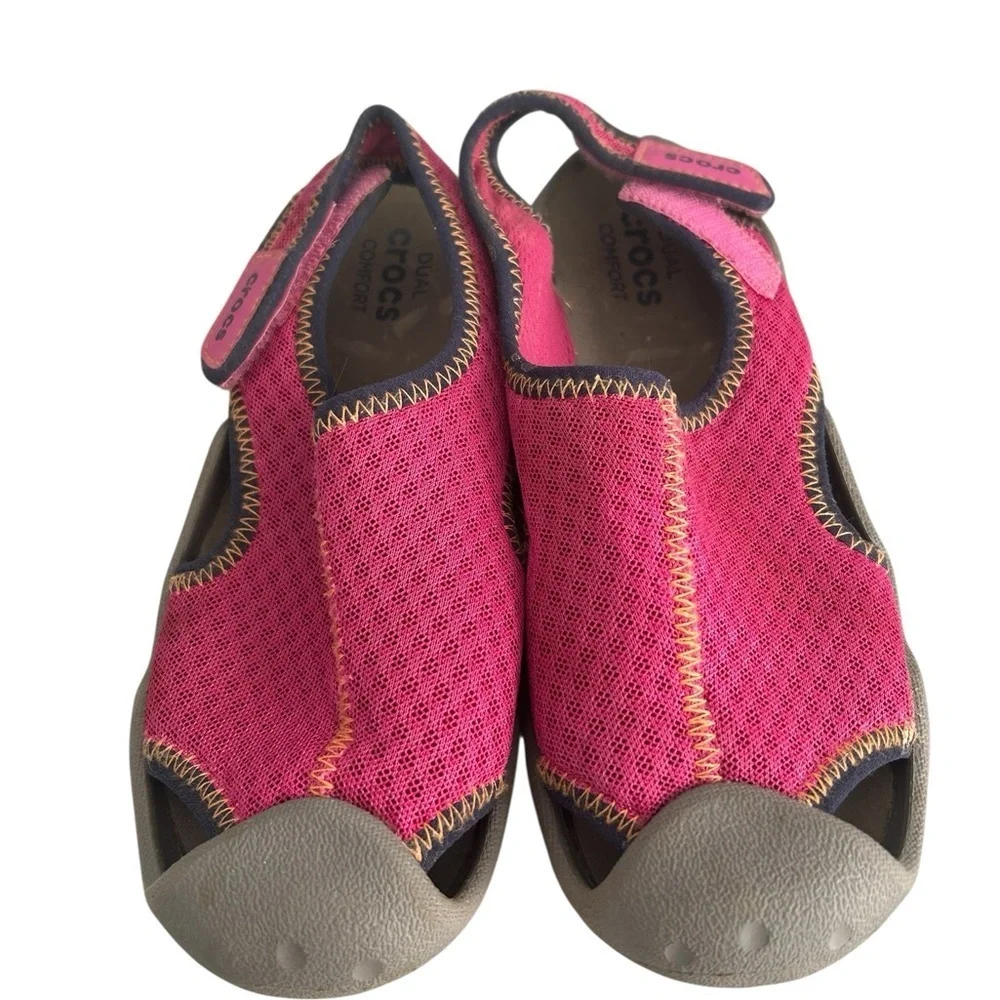 CROCS Pink and Gray Water Shoes with Velcro Closure Kids Sz 2